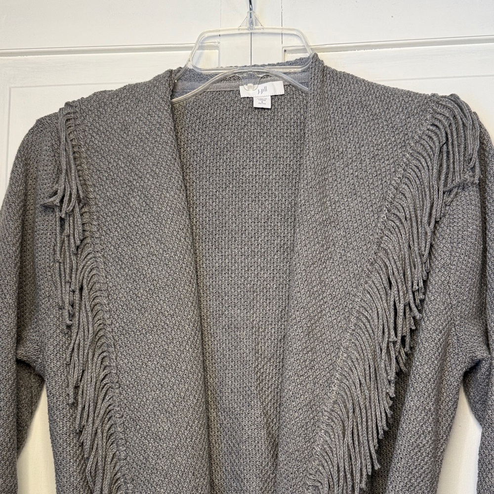 J Jill Gray Fringe Open Front Cardigan Sweater - Picture 6 of 9